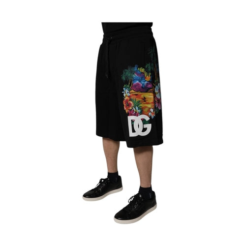 Dolce & Gabbana Black Cotton Logo Floral Print Bermuda Shorts
