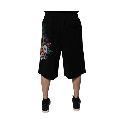 Dolce & Gabbana Black Cotton Logo Floral Print Bermuda Shorts