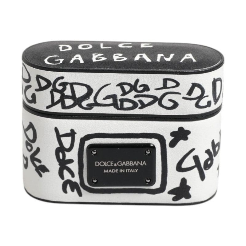 Dolce & Gabbana Black White Leather Scribble Embossed Logo Airpods Case