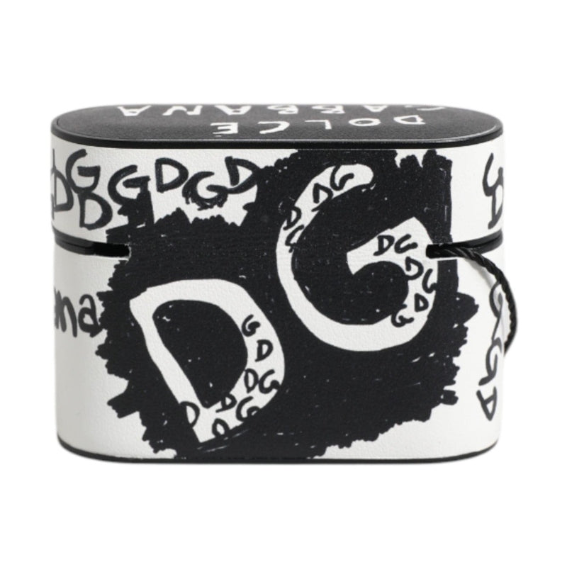 Dolce & Gabbana Black White Leather Scribble Embossed Logo Airpods Case