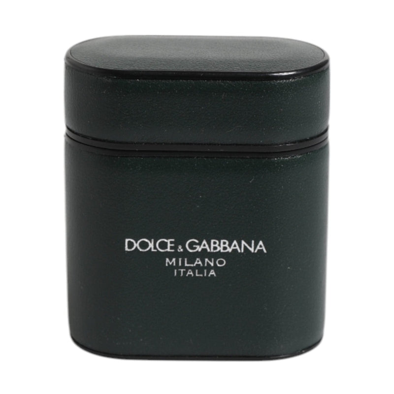 Dolce & Gabbana Green Calfskin Leather Logo Print Flip Holder Airpods Case