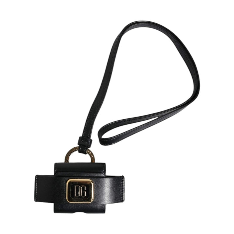 Dolce & Gabbana Black Leather Strap Gold Metal Logo Plaque Airpods Case