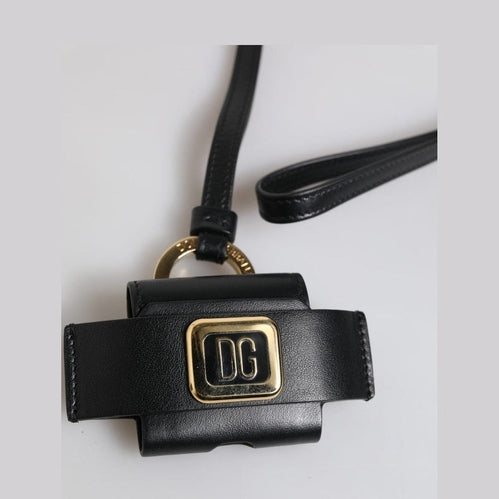 Dolce & Gabbana Black Leather Strap Gold Metal Logo Plaque Airpods Case