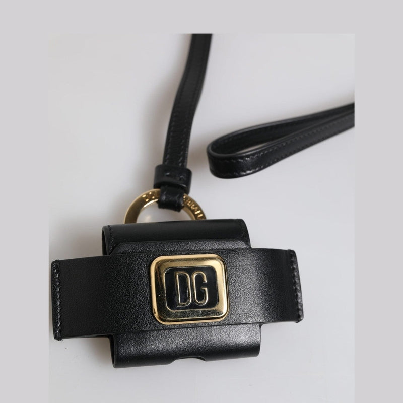 Dolce & Gabbana Black Leather Strap Gold Metal Logo Plaque Airpods Case