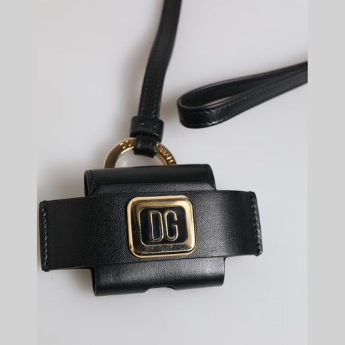 Black Leather Strap Gold Metal Logo Plaque Airpods Case