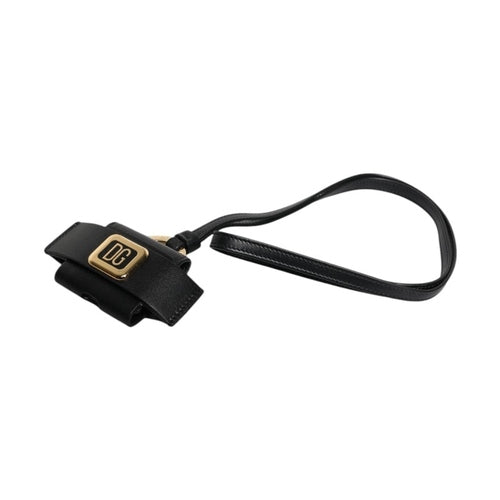 Dolce & Gabbana Black Leather Strap Gold Metal Logo Plaque Airpods Case