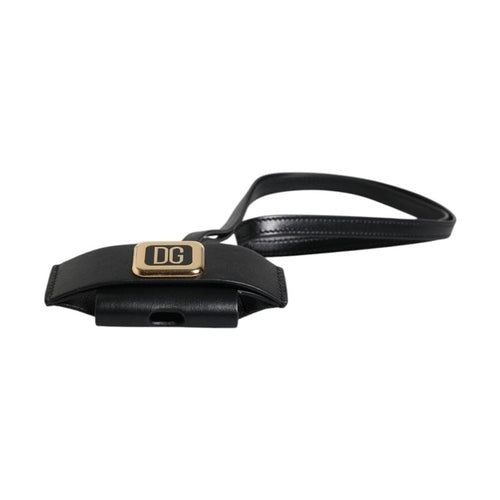 Dolce & Gabbana Black Leather Strap Gold Metal Logo Plaque Airpods Case
