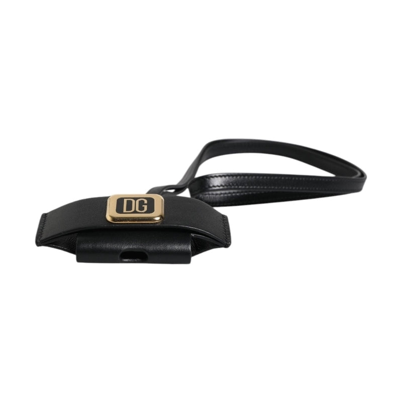 Dolce & Gabbana Black Leather Strap Gold Metal Logo Plaque Airpods Case