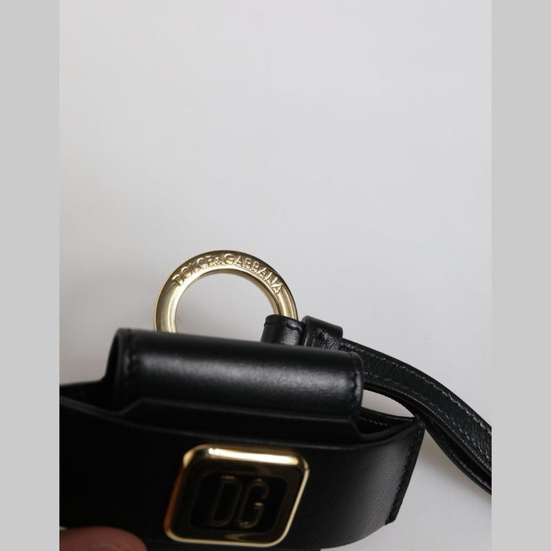 Dolce & Gabbana Black Leather Strap Gold Metal Logo Plaque Airpods Case