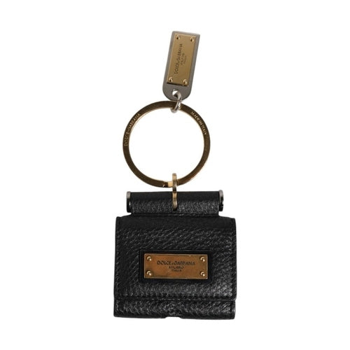 Dolce & Gabbana Black Leather Strap Gold Metal Logo Plaque Airpods Case