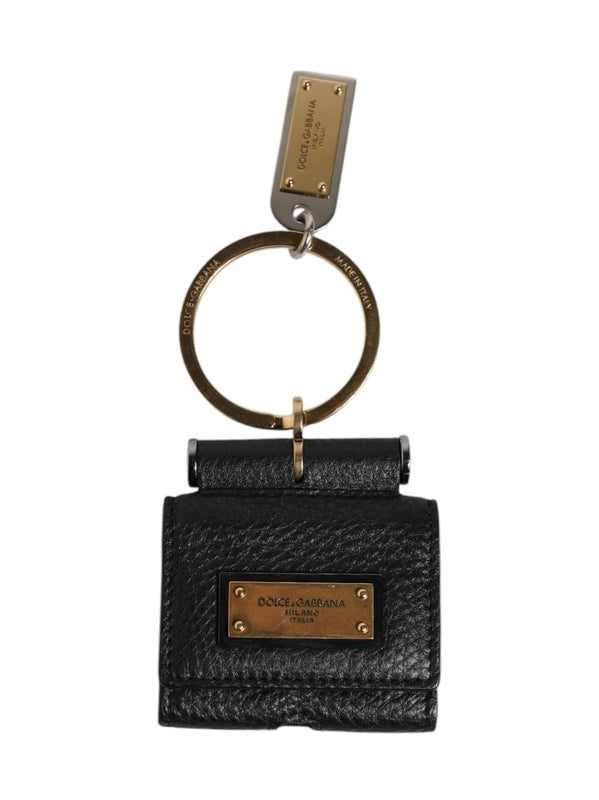 Dolce & Gabbana Black Leather Strap Gold Metal Logo Plaque Airpods Case