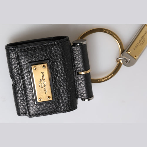 Black Leather Strap Gold Metal Logo Plaque Airpods Case