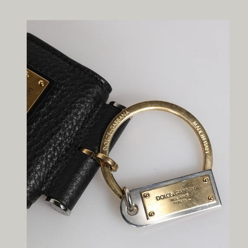 Dolce & Gabbana Black Leather Strap Gold Metal Logo Plaque Airpods Case