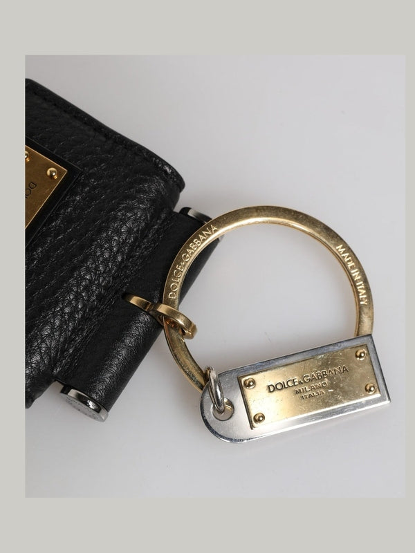 Dolce & Gabbana Black Leather Strap Gold Metal Logo Plaque Airpods Case