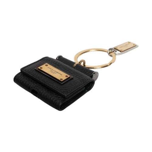 Dolce & Gabbana Black Leather Strap Gold Metal Logo Plaque Airpods Case