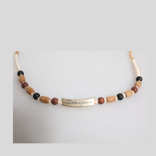 Dolce & Gabbana Black Gold Wooden Beaded Logo Pendant Necklace