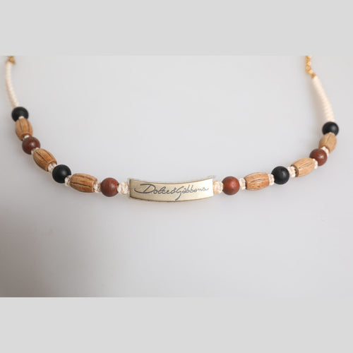 Black Gold Wooden Beaded Logo Pendant Necklace