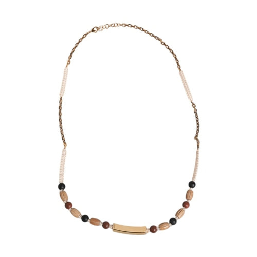 Dolce & Gabbana Black Gold Wooden Beaded Logo Pendant Necklace