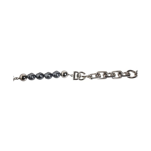 Dolce & Gabbana Silver Tone Chain Lobster Clasp Logo Gray Pearls Bracelet