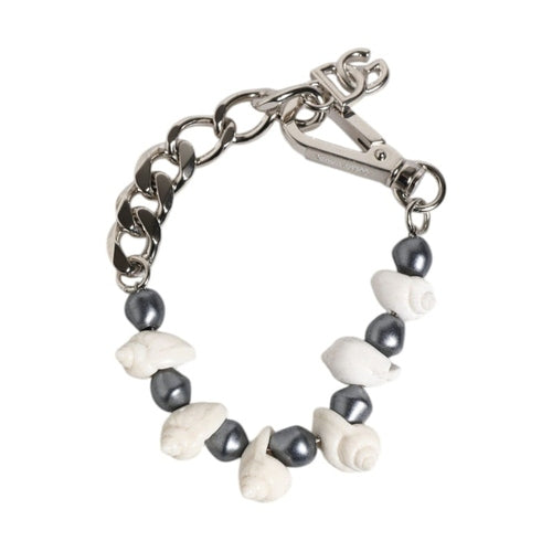 Dolce & Gabbana Silver Tone Brass Beaded Shell DG Logo Pendant Bracelet