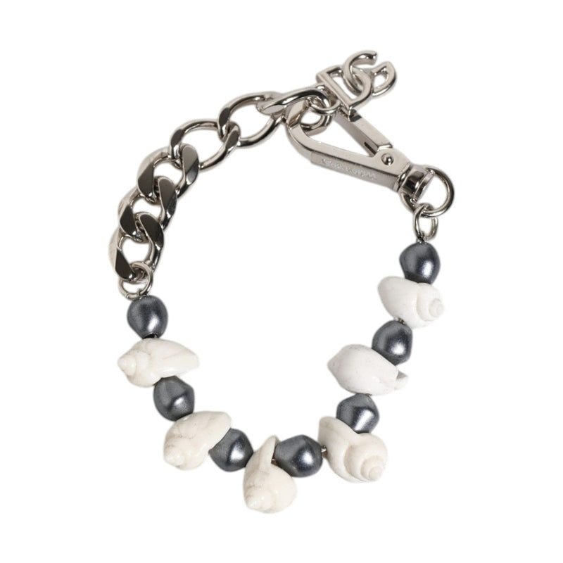 Dolce & Gabbana Silver Tone Brass Beaded Shell DG Logo Pendant Bracelet