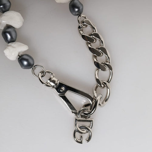 Dolce & Gabbana Silver Tone Brass Beaded Shell DG Logo Pendant Bracelet