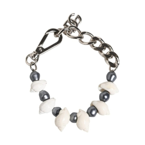 Dolce & Gabbana Silver Tone Brass Beaded Shell DG Logo Pendant Bracelet