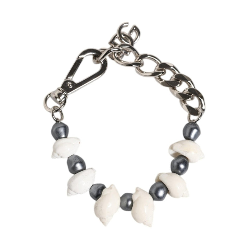 Dolce & Gabbana Silver Tone Brass Beaded Shell DG Logo Pendant Bracelet