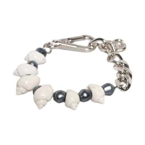 Dolce & Gabbana Silver Tone Brass Beaded Shell DG Logo Pendant Bracelet