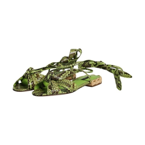 Dolce & Gabbana Green Animal Print Ankle Wrap Sandals Shoes