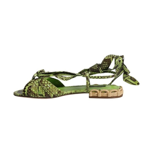 Dolce & Gabbana Green Animal Print Ankle Wrap Sandals Shoes