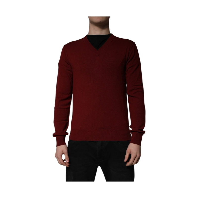 Dolce & Gabbana Maroon Cashmere V-neck Men Pullover Sweater