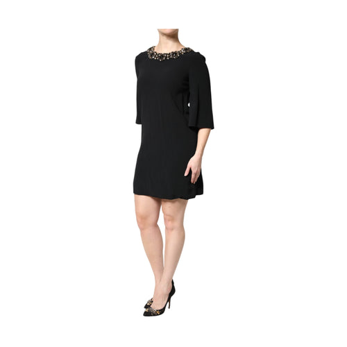Black Crystal Embellished Round Neck Mini Dress