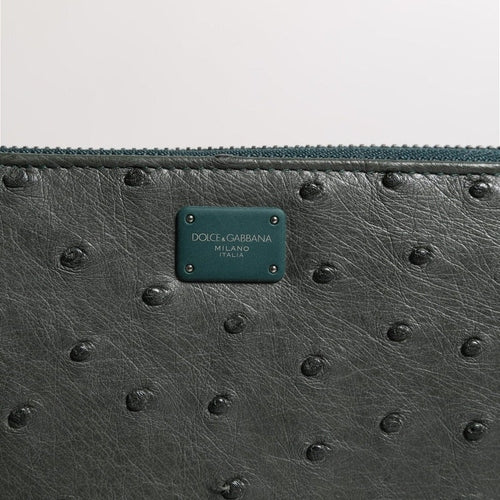 Dolce & Gabbana Green Ostrich Logo Plaque Zip Around Continental Wallet