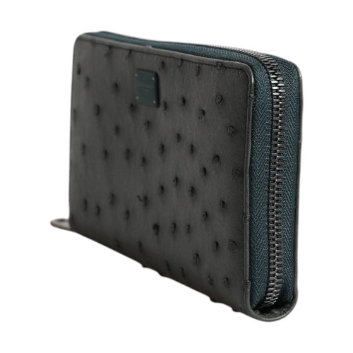 Dolce & Gabbana Green Ostrich Logo Plaque Zip Around Continental Wallet