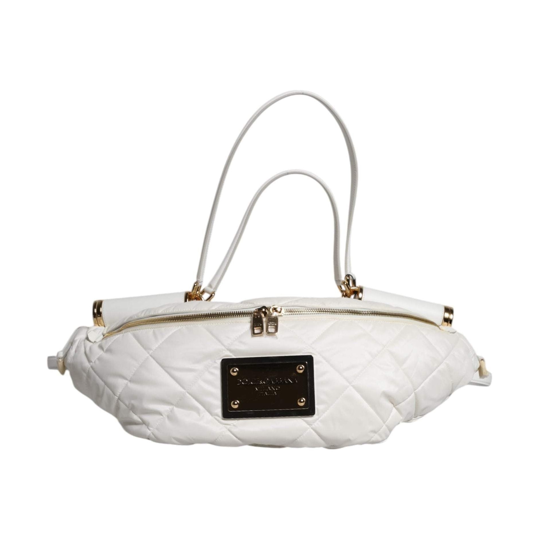 Dolce & Gabbana White Quilted Logo Plaque Belt Waist Fanny Pack Bag