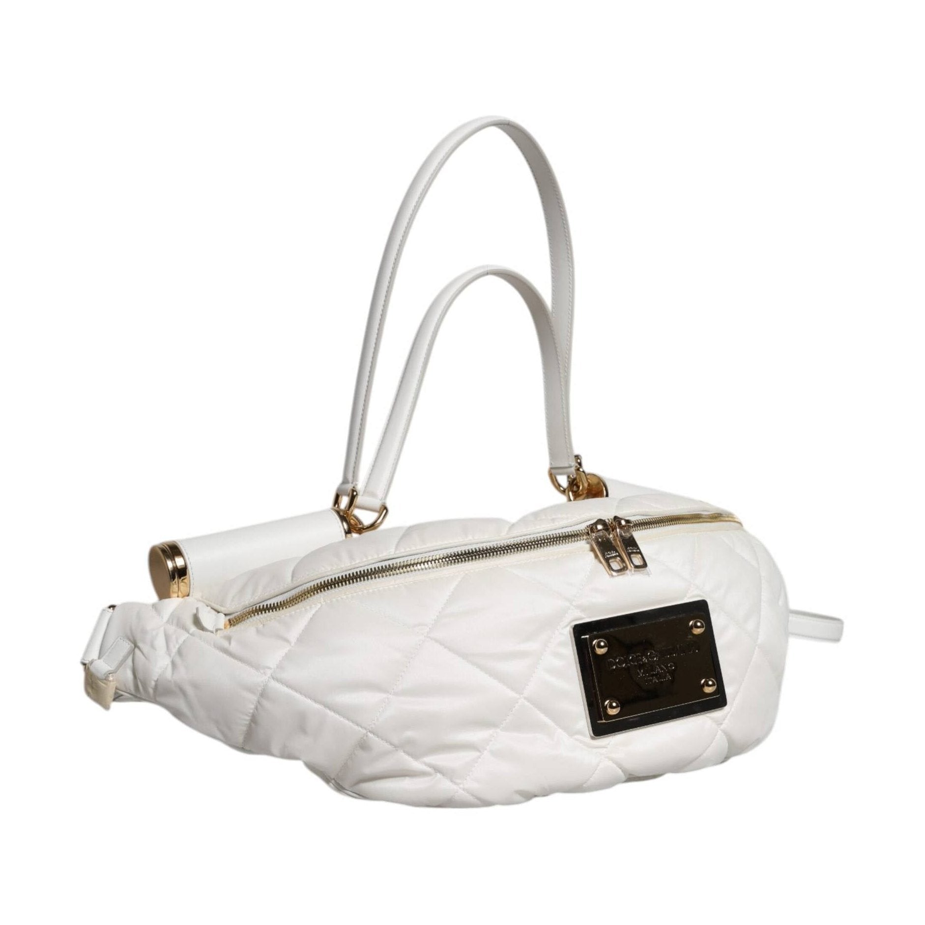 Dolce & Gabbana White Quilted Logo Plaque Belt Waist Fanny Pack Bag