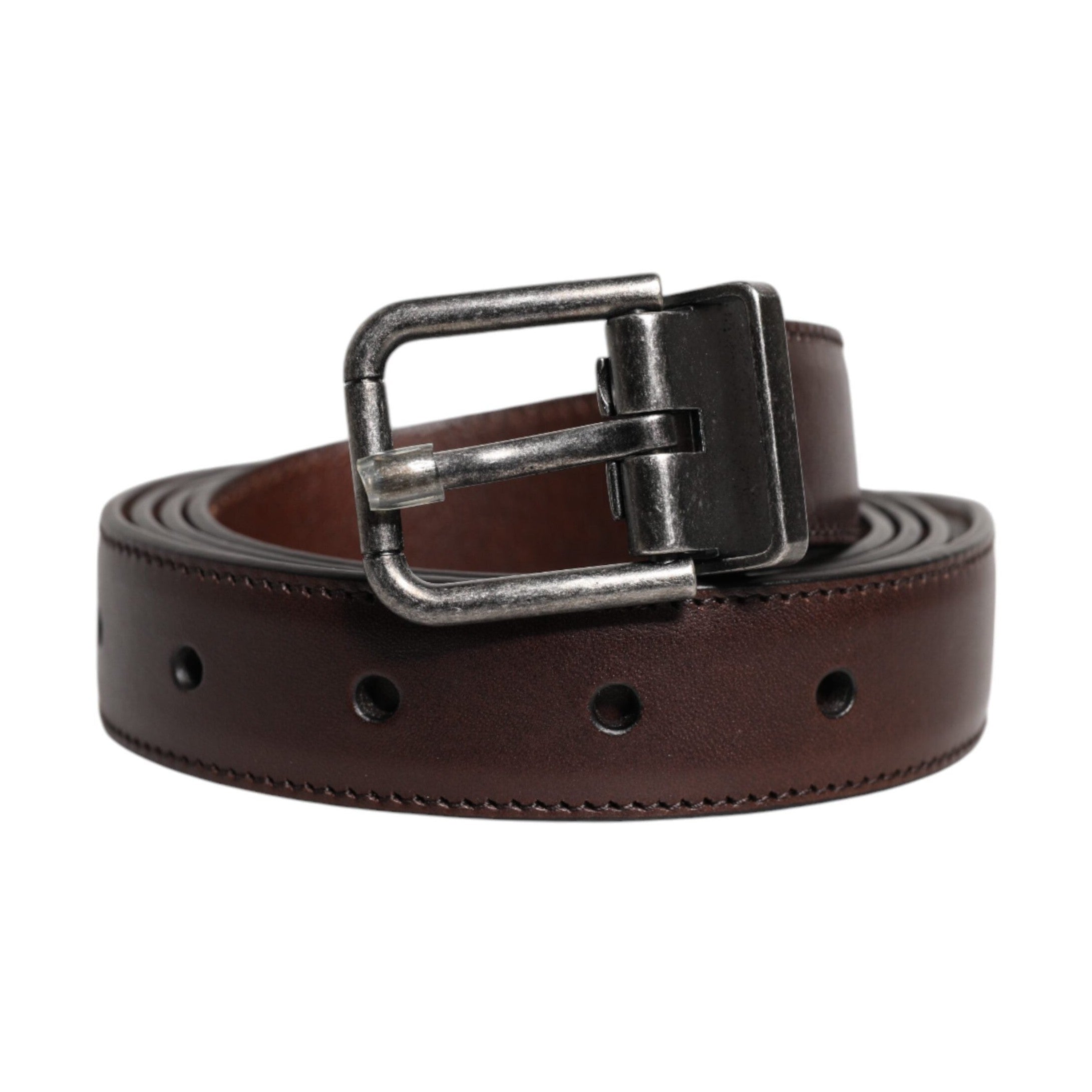 Dolce & Gabbana Brown Leather Silver Metal Buckle Belt