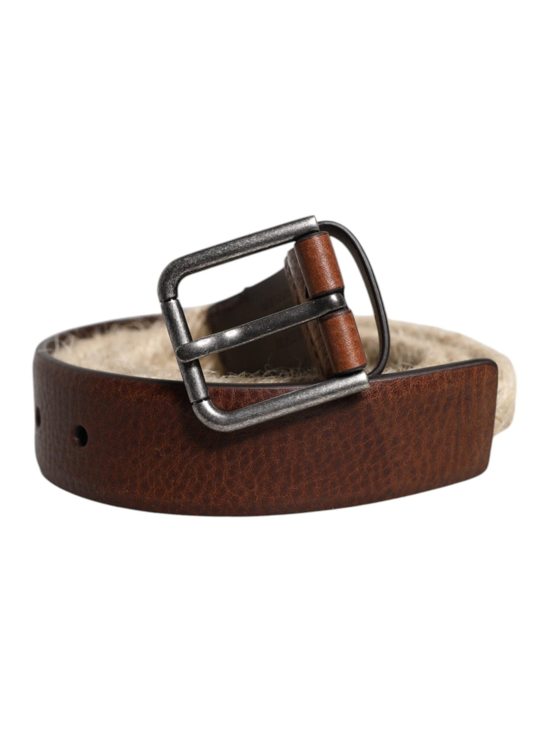 Dolce & Gabbana Brown Jute Leather Woven Metal Buckle Belt