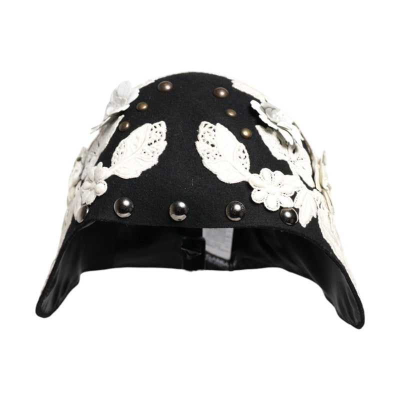 Dolce & Gabbana Black Wool White Floral Gold Leaf Cloche Hat