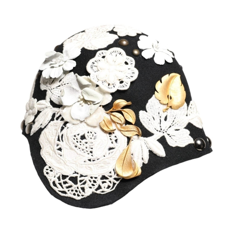Dolce & Gabbana Black Wool White Floral Gold Leaf Cloche Hat