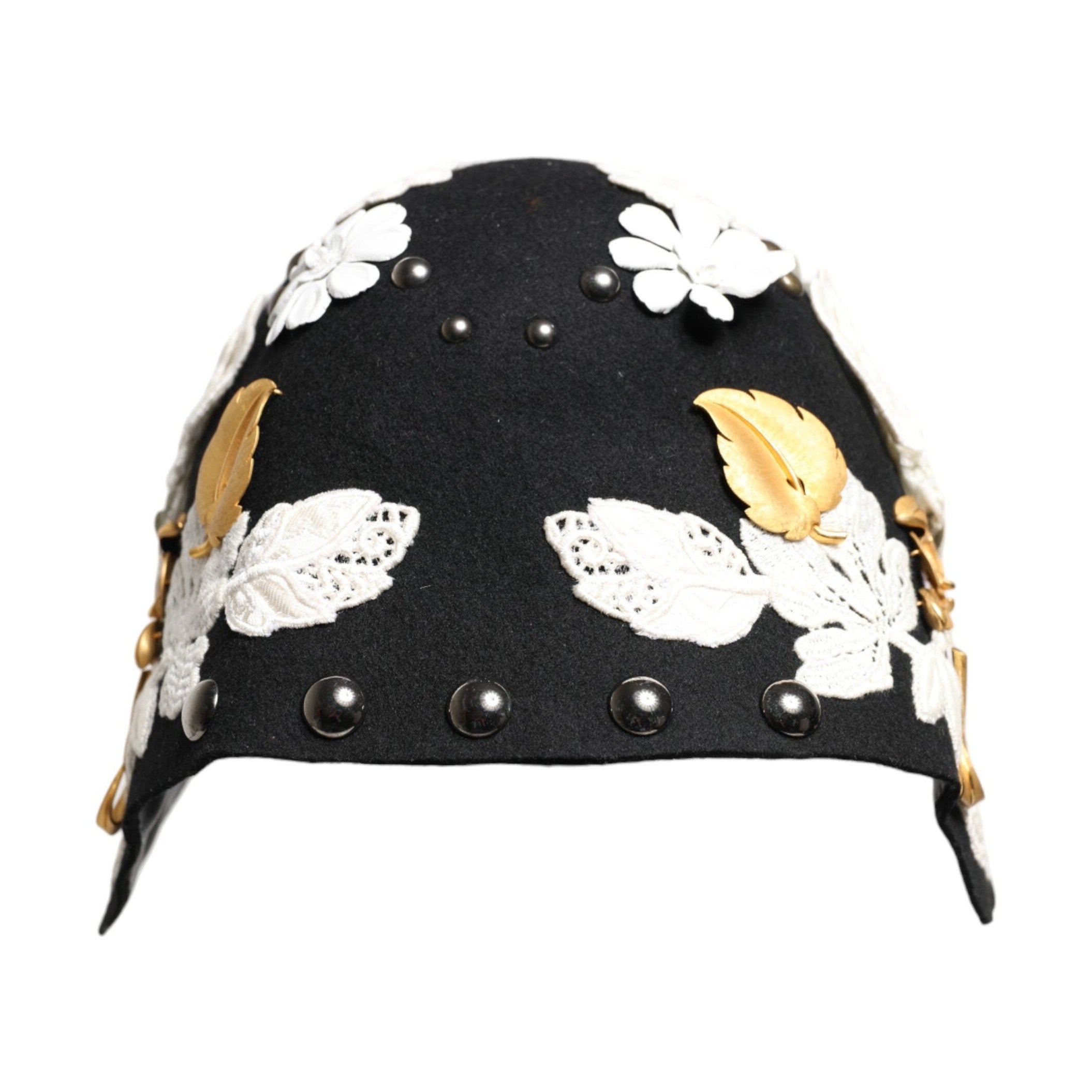 Dolce & Gabbana Black Wool White Floral Gold Leaf Cloche Hat
