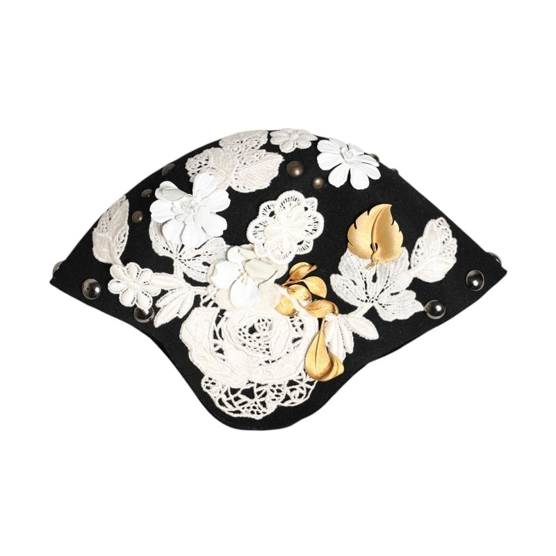 Dolce & Gabbana Black Wool White Floral Gold Leaf Cloche Hat