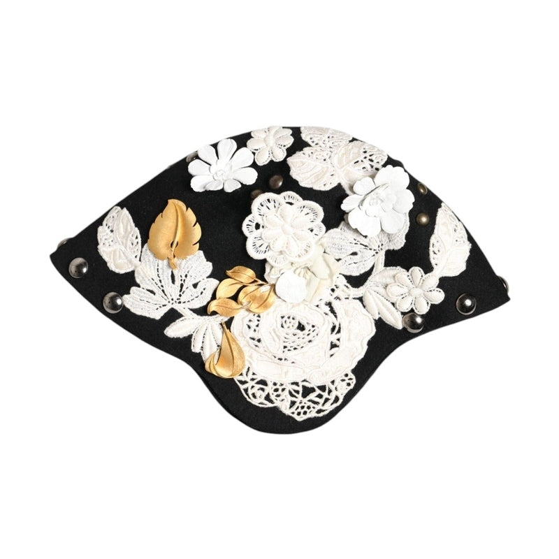 Dolce & Gabbana Black Wool White Floral Gold Leaf Cloche Hat