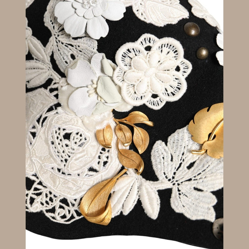 Dolce & Gabbana Black Wool White Floral Gold Leaf Cloche Hat