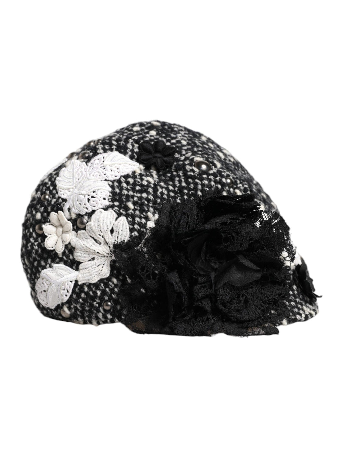 Dolce & Gabbana Black Wool White Floral Embellished Cloche Hat