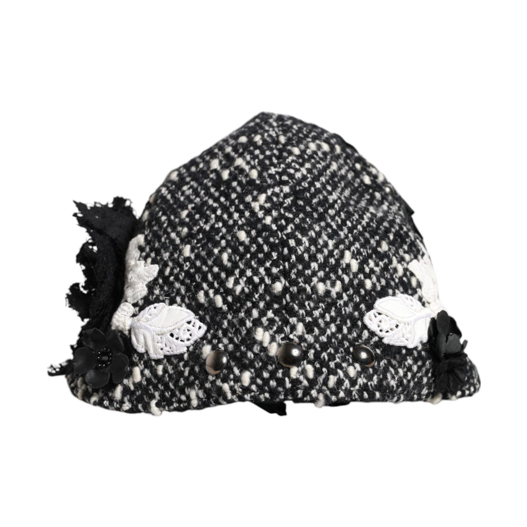 Black Wool White Floral Embellished Cloche Hat