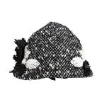 Black Wool White Floral Embellished Cloche Hat