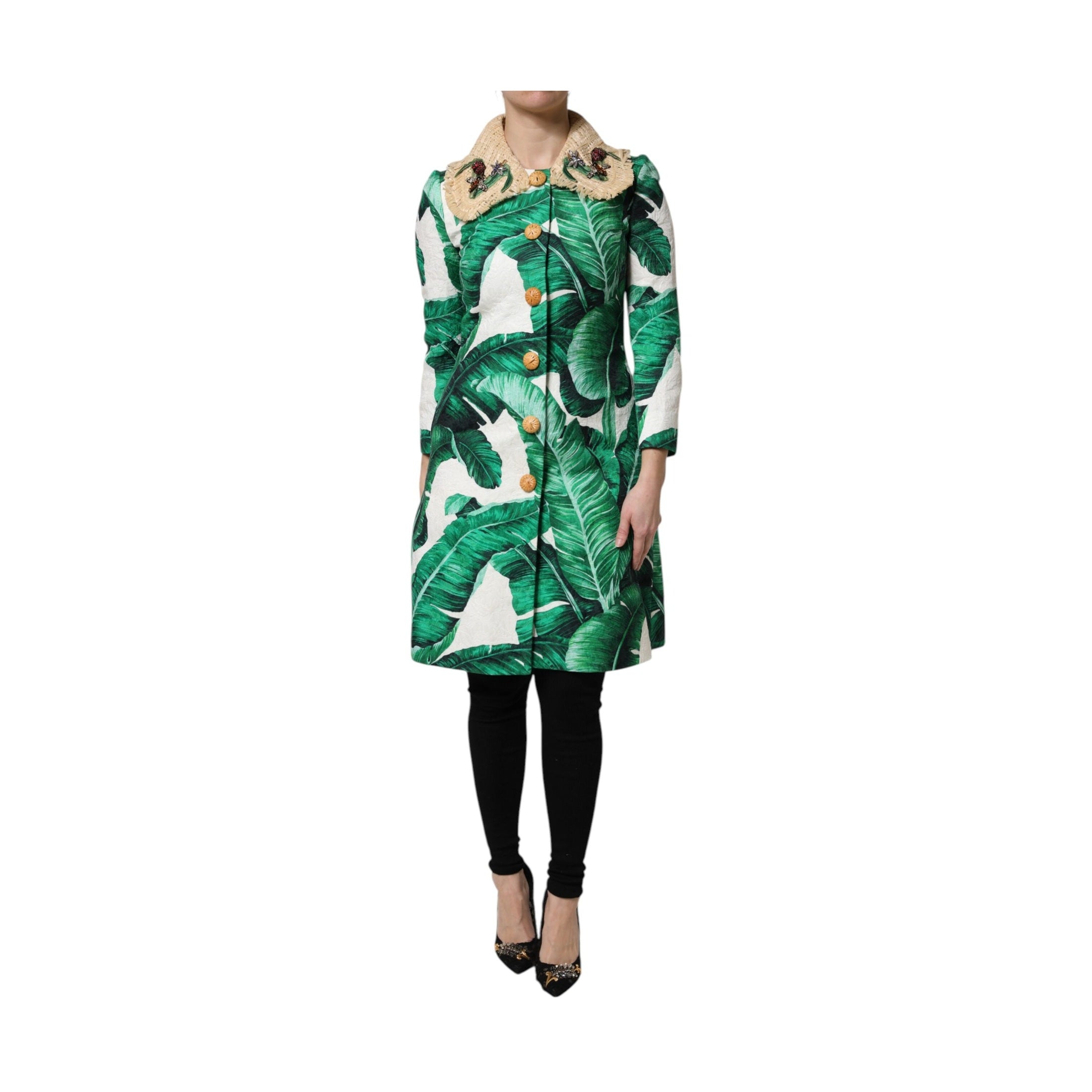 Dolce & Gabbana Multicolor Leaf Print Embellished Trenchcoat Jacket