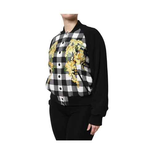 Dolce & Gabbana Black White Check Floral Button Down Jacket